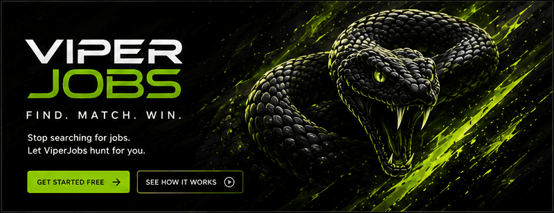 Black viper with luminous green eyes — ViperJobs brand artwork